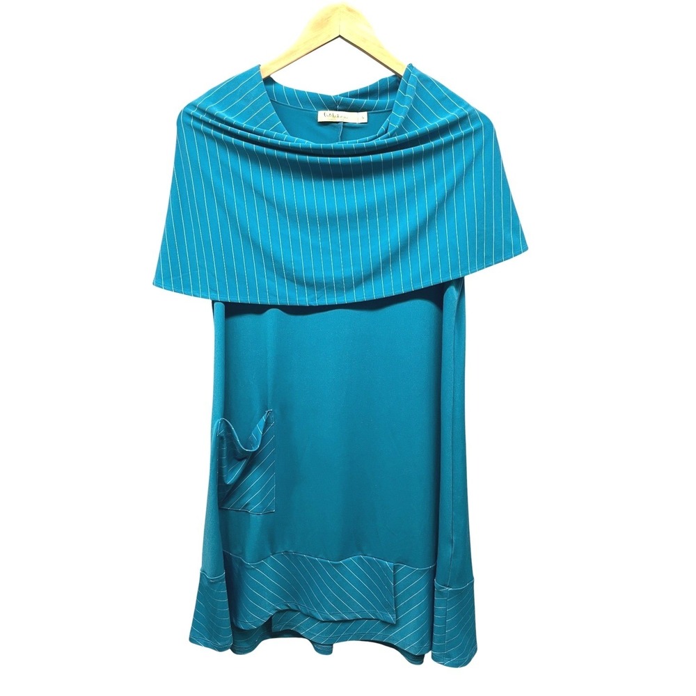 Chalet et Ceci Women's S Cape Sleeve Dress Teal Pinstripe Pocket Swing USA